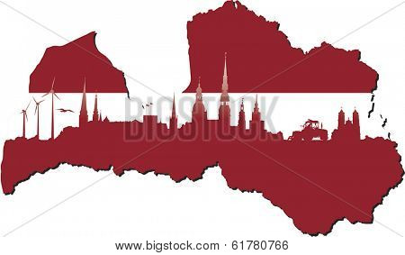 Latvia map in flag colors and symbols of business and history of state