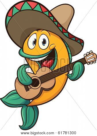 Mariachi fish singing with guitar. Vector clip art illustration with simple gradients. All in a single layer. 