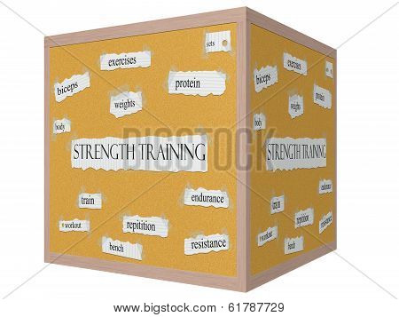 Strength Training 3D Cube Corkboard Word Concept