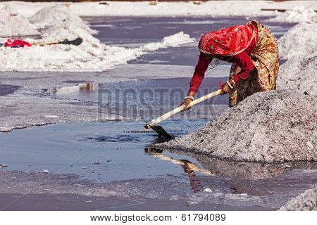 SAMBHAR, INDIA - NOVEMBER 19, 2012: Women mining salt at lake Sambhar, Rajasthan, India. Sambhar Salt Lake is India's largest inland salt lake