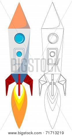 Flying Rocket with Illyuminotor and Flames from the Engine. Color, Contour vector