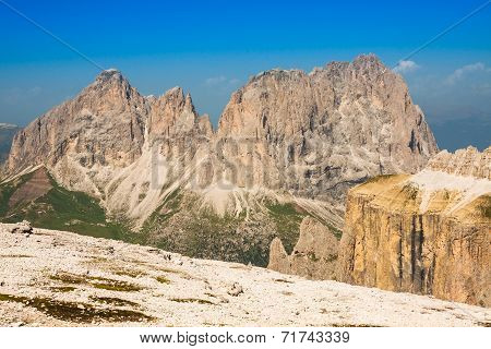 Summer View Of Sass Pordoi Mount And Fassa Valley, Italian Dolimites
