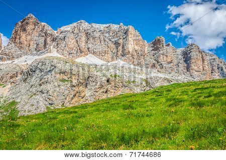 Panorama Of Sella Mountain Range From Sella Pass, Dolomites, Italy