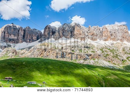 Panorama Of Sella Mountain Range From Sella Pass, Dolomites, Italy
