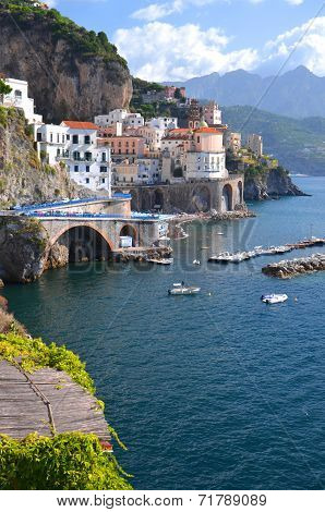 scenic view of village atrani on amalfi coast in italy