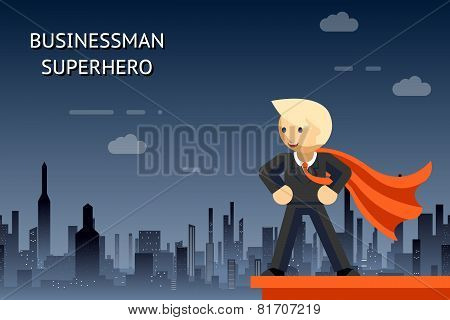 Businessman superhero over night city