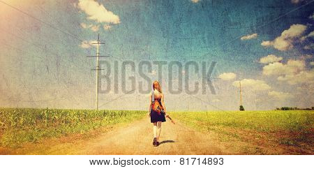 Rock Girl With Guitar At Countryside.