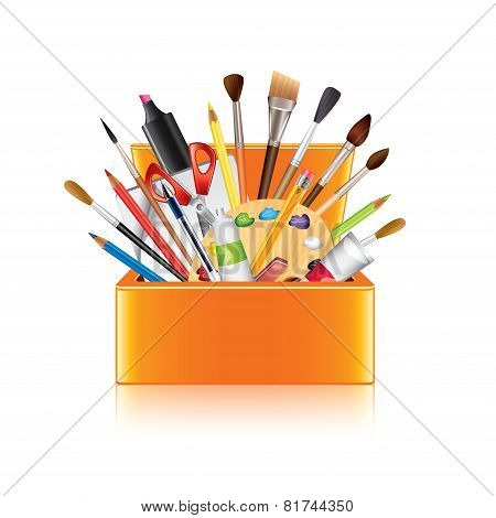 Art Supplies Box Isolated On White Vector
