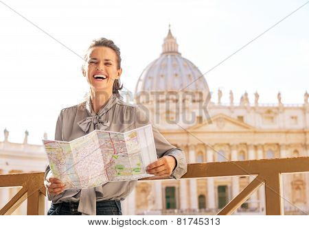 Happy Young Woman In Front Of Basilica Di San Pietro In Vatican