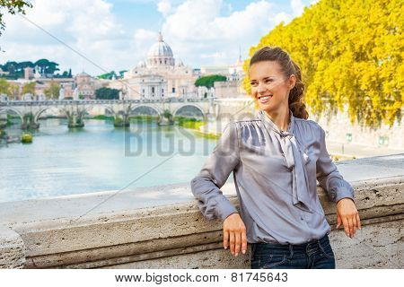 Portrait Of Happy Young Woman On Bridge Ponte Umberto I With Vie