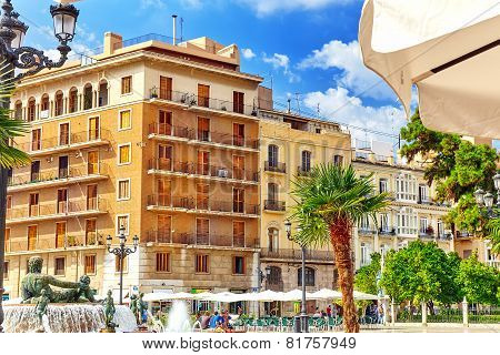 VALENCIA, SPAIN - SEPT 10: Square of Saint Mary's and fountain Rio Turia.