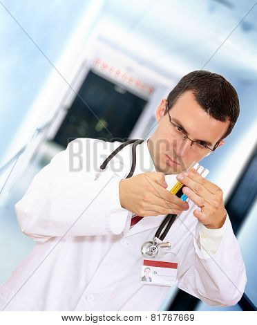 Doctor  Resarch A Medical Test Glass With Blood.