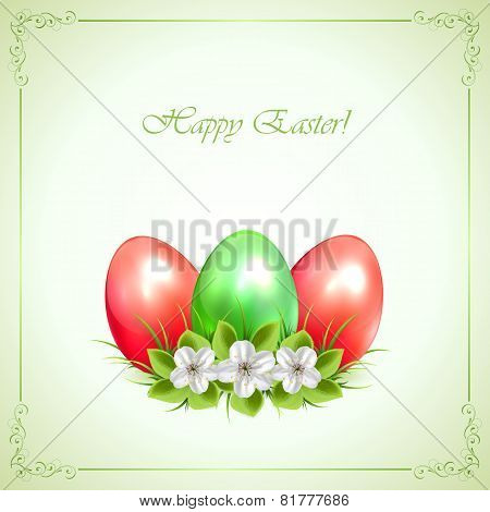 Three Decorative Easter Eggs On Green Background