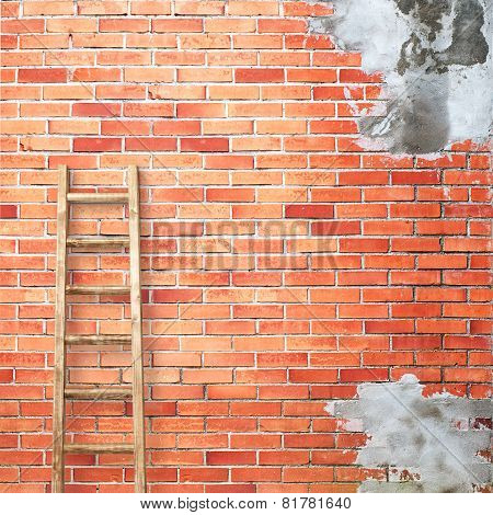 red brick wall with wooden ladder