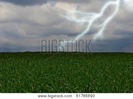 Lightning Across The Countryside Field.