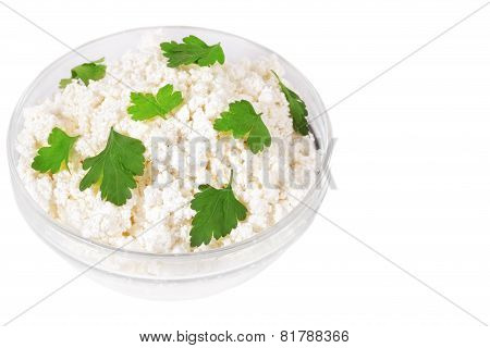 Fresh Cottage Cheese (curd) In Glass Bow, Isolated On White Background .