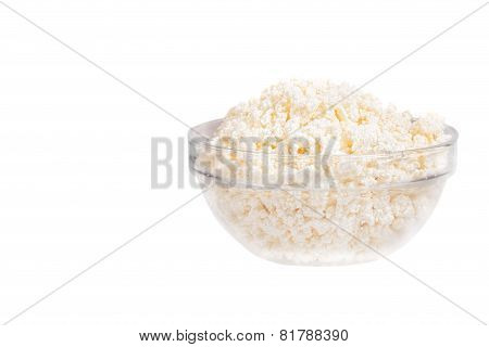 Fresh Cottage Cheese (curd) In Glass Bow, Isolated On White Background .
