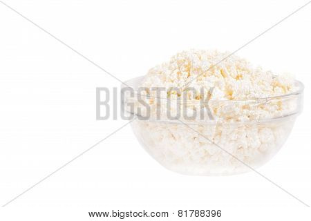Fresh Cottage Cheese (curd) In Glass Bow, Isolated On White Background .