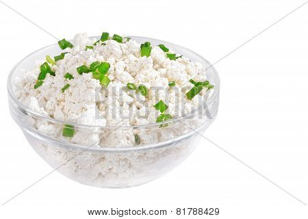 Fresh Cottage Cheese (curd) In Glass Bow, Isolated On White Background .
