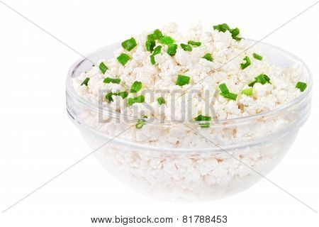 Fresh Cottage Cheese (curd) In Glass Bow, Isolated On White Background .