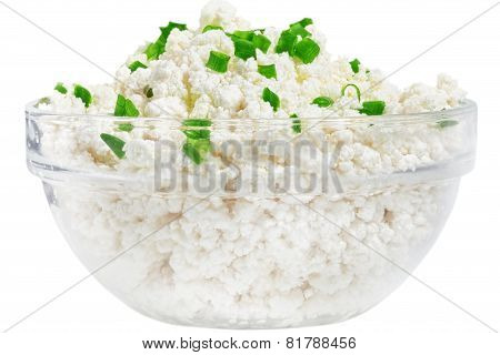 Fresh Cottage Cheese (curd) In Glass Bow, Isolated On White Background .