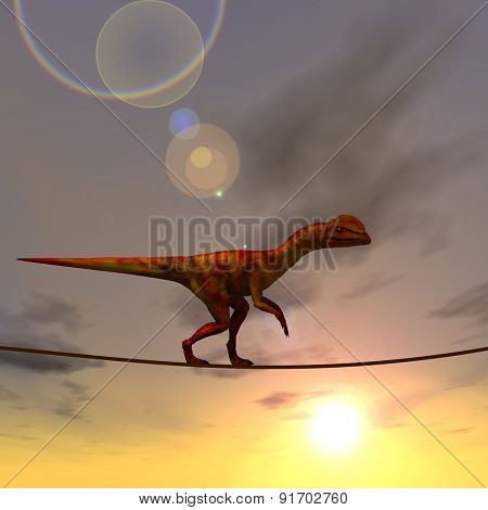 Concept or conceptual abstract business metaphor as wild heavy dinosaurus balancing on rope over sunset sky background