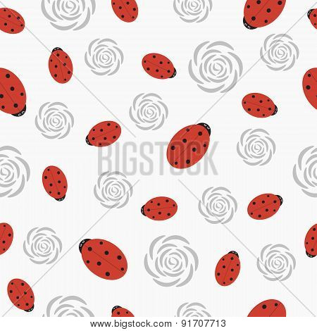 Seamless Texture With Ladybugs And Roses.