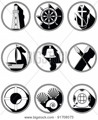 Nautical Elements I Icons In Knotet Circle In Black And White