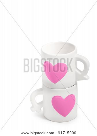 Cute Couple Ceramic Cups. On White Clear Isolated Background, Pink Heart, Male And Female Symbol Des