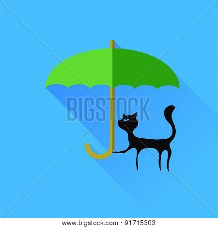 Black Cat and Green Umbrella
