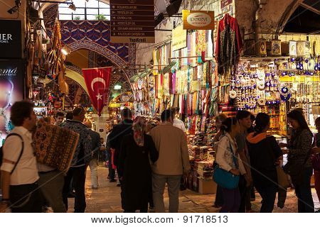 ISTANBUL, TURKEY - MAY 13 2015 : Shoppers enjoy the atmosphere of the Grand Bazaar.