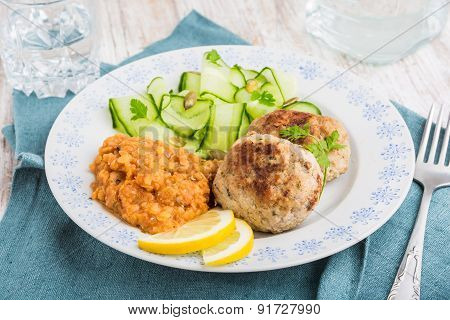 Delicious Fried Beef Meatball, Lentils And Salad With Fresh Cucumber