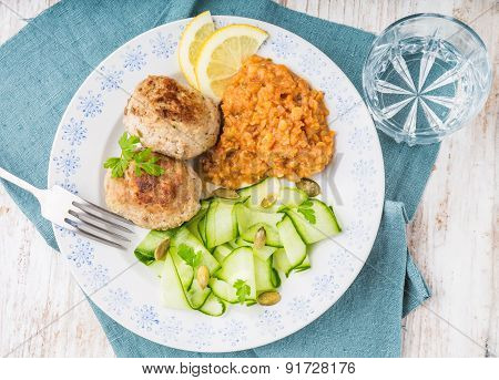 Delicious Fried Beef Meatball, Lentils And Salad With Fresh Cucumber