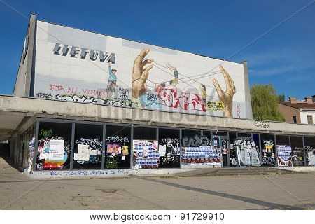 Exterior of the bankrupted Lietuva cinema building in Vilnius, Lithuania.