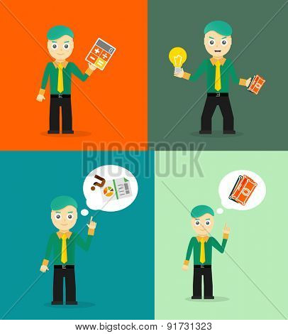 Set of cute cartoon young businessmen. Idea concept and finance report graph. Vector flat design