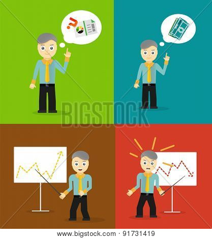Set of cute cartoon young businessmen. Idea concept and finance report graph. Vector flat design