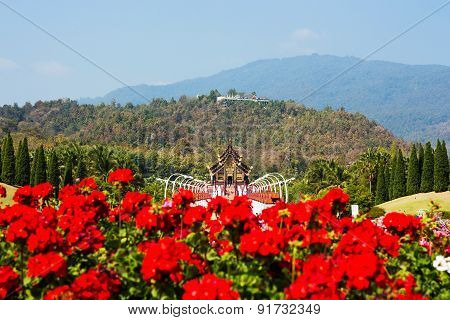 Hor Kam Luang with red flower foregroundroyal pavilionChiangmai Thailand.(Public place)