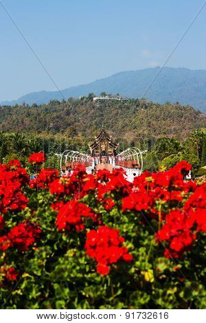 Hor Kam Luang with red flower foregroundroyal pavilionChiangmai Thailand.(Public place)