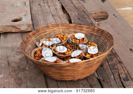 Flowers And Candle For Ganga Aarti Ritual