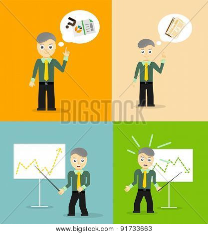 Set of cute cartoon young businessmen. Idea concept and finance report graph. Vector flat design