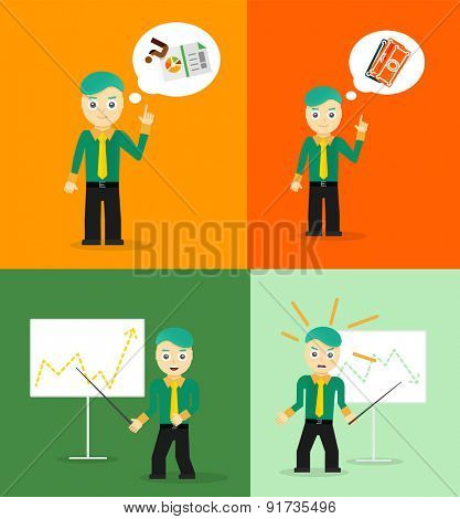 Set of cute cartoon young businessmen. Idea concept and finance report graph. Vector flat design