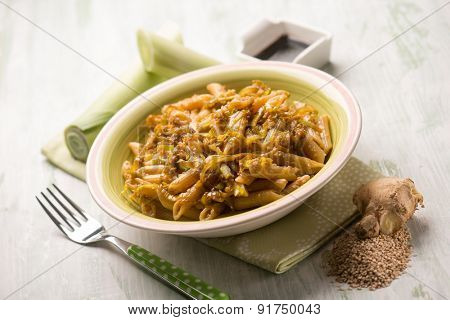 oriental pasta with leek seed sesame ginger and soy sauce,  selective focus