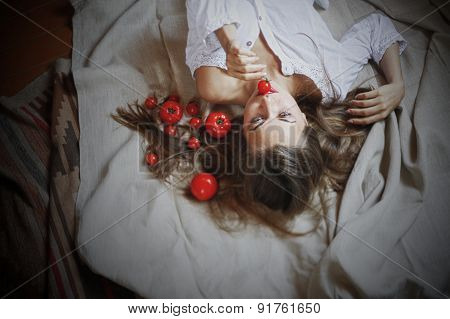 Beautiful Model With Tomatoes In Rustic Interior