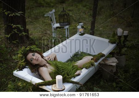 Beautiful Model In The Woods In A Vintage Scenery