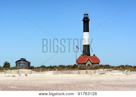 Fire Island Lighthouse and Lens Room located on Fire Island National Seashore, Long Island, New York