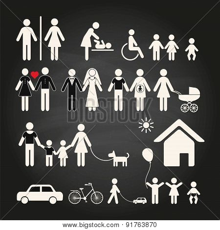 Set of family icons on a chalkboard background.