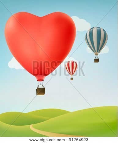 Nature Background With Colorful Air Balloons And Green Land. Vector Illustration