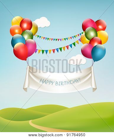 Happy Birthday Banner With Balloons. Vector.