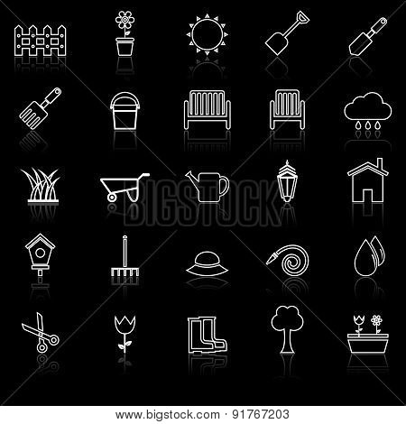 Gardening Line Icons With Reflcet On Black