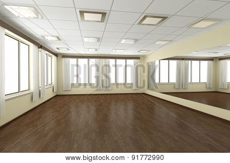 Empty Training Dance-hall With Yellow Walls And Dark Wooden Floor, 3D Illustration